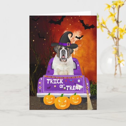 Sint Bernard Hond in Halloween Truck Kaart (Gele Bloem)
