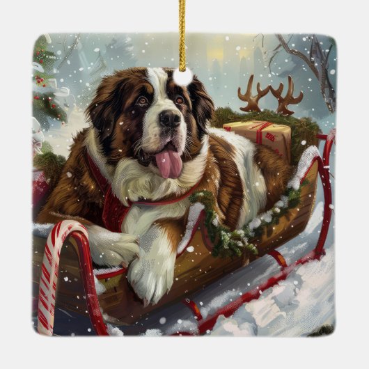 Sint Bernard Hond Kerstfeest Keramisch Ornament (Achterkant)