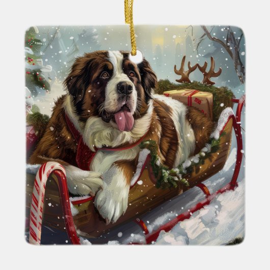 Sint Bernard Hond Kerstfeest Keramisch Ornament (Voorkant)