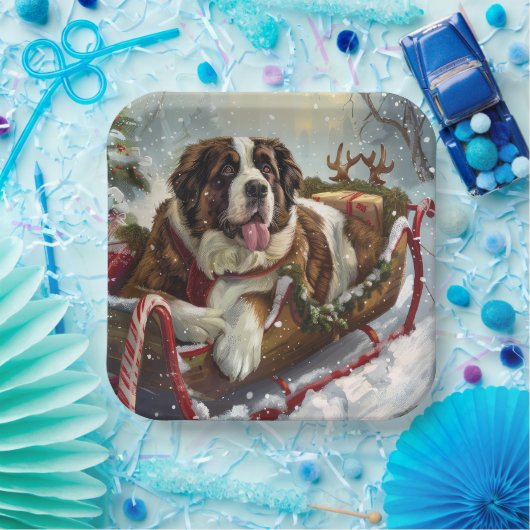 Sint Bernard Hond Kerstfeest Papieren Bordje (Feest)