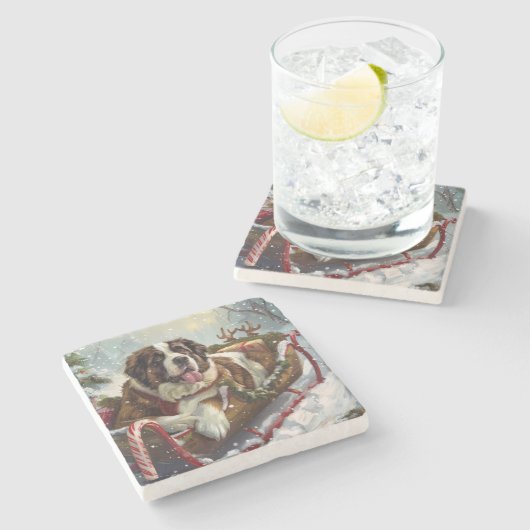 Sint Bernard Hond Kerstfeest Stenen Onderzetter (Zijkant)