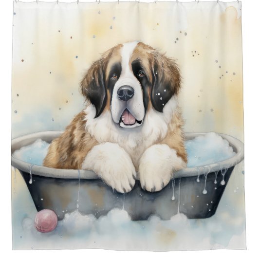 sint bernard in badkuip Waterverf hondenkunst Douchegordijn (Voorkant)