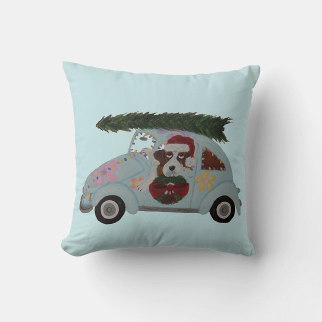 Sint-Bernard in hippieauto met Kerstmis Kussen (Voorkant)