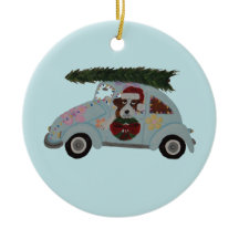 Sint Bernard in hippieauto met Kerstversiering