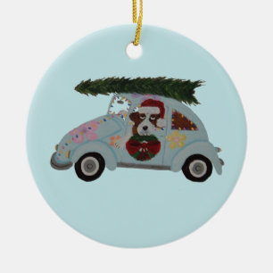Sint Bernard in hippieauto met Kerstversiering Keramisch Ornament