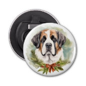 Sint Bernard Kerstkrans Feestelijke Pup Button Flesopener (Voorkant)