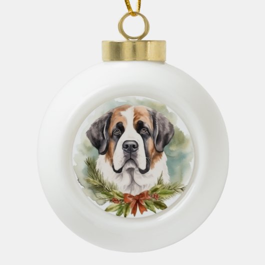 Sint Bernard Kerstkrans Feestelijke Pup Keramische Bal Ornament (Voorkant)