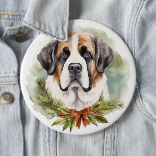 Sint Bernard Kerstkrans Feestelijke Pup Ronde Button 6,0 Cm