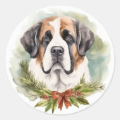Sint Bernard Kerstkrans Feestelijke Pup Ronde Sticker (Voorkant)