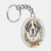 Sint Bernard Kerstkrans Feestelijke Pup Sleutelhanger (Voorkant Links)