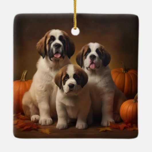 Sint Bernard Puppy Herfst Verrukking Pompoen Keramisch Ornament (Achterkant)