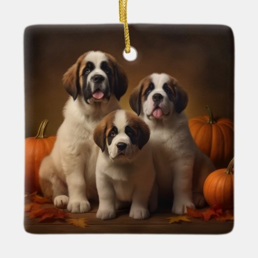 Sint Bernard Puppy Herfst Verrukking Pompoen Keramisch Ornament (Voorkant)