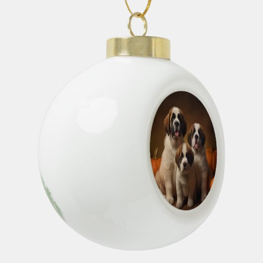 Sint Bernard Puppy Herfst Verrukking Pompoen Keramische Bal Ornament (Links)