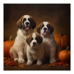 Sint Bernard Puppy Herfst Verrukking Pompoen Perfect Poster