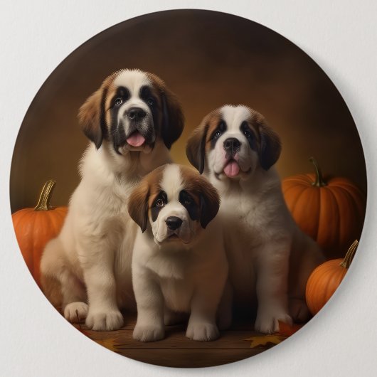 Sint Bernard Puppy Herfst Verrukking Pompoen Ronde Button 6,0 Cm (Voorkant)
