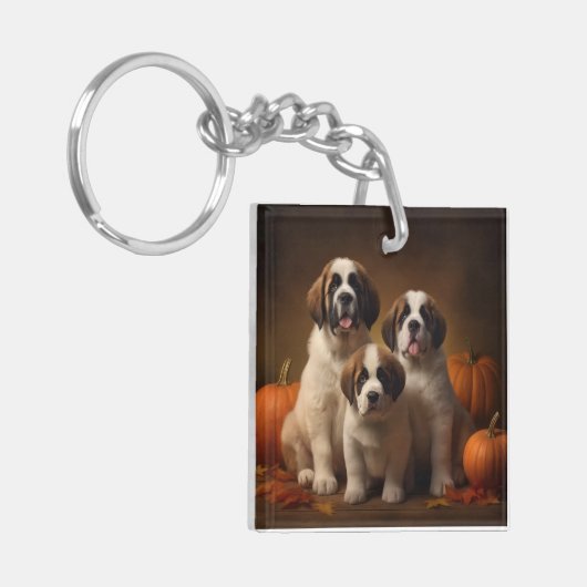 Sint Bernard Puppy Herfst Verrukking Pompoen Sleutelhanger (Voorkant Links)