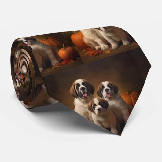 Sint Bernard Puppy Herfst Verrukking Pompoen Stropdas (Opgerold)