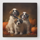 Sint Bernard Puppy Herfst Verrukking Pompoen Vierkante Klok (Voorkant)