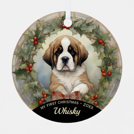 Sint Bernard Puppy's Eerste Kerstmis Ornament (Voorkant)