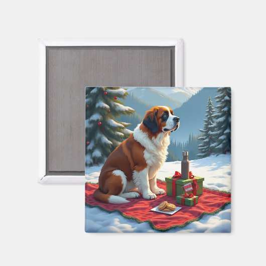 Sint-Bernard Winterpicknick Kerstschilderij Magneet (Voorkant / Achterkant)