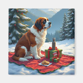 Sint-Bernard Winterpicknick Kerstschilderij Magneet (Voorkant)