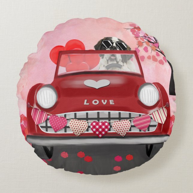 Sint-Bernardhond Auto met Hartjes Valentijnsdag  Rond Kussen (Voorkant)