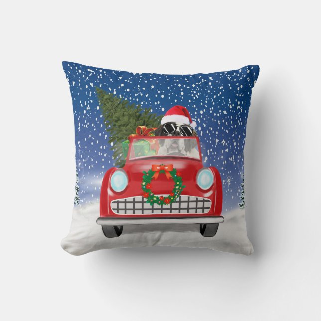 Sint-Bernardhond rijdt auto in sneeuw Kerstmis Kussen (Voorkant)
