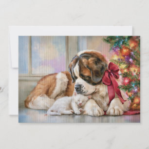 Sint-Bernardhond Witte Kittens Kerstvuur Kerstmis Feestdagenkaart