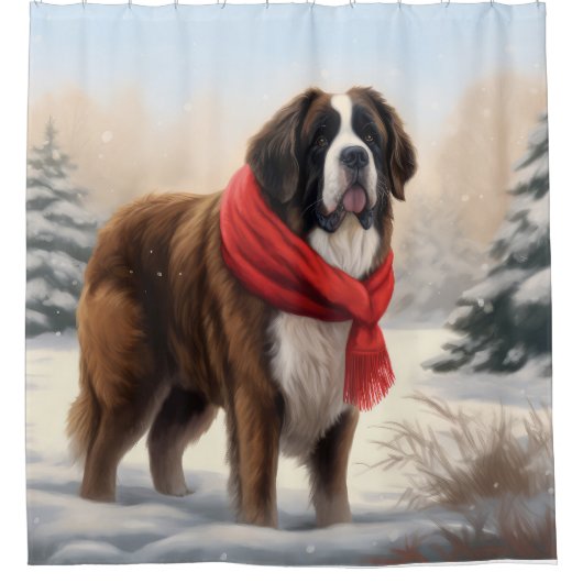 Sint-Bernardshond in Sneeuw Kerst  Douchegordijn (Voorkant)