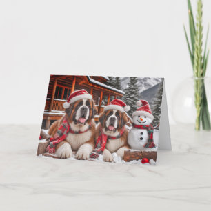 Sint-Bernardshond Poseert met een Sneeuwman Feestdagen Kaart