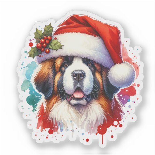 Sint-Bernardus in Santa Hat Kerstmis Sticker (Voorkant)