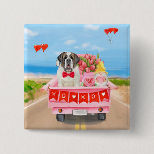 Sint-Bernardushond Valentijnsdag Truck Hartjes Vierkante Button 5,1 Cm