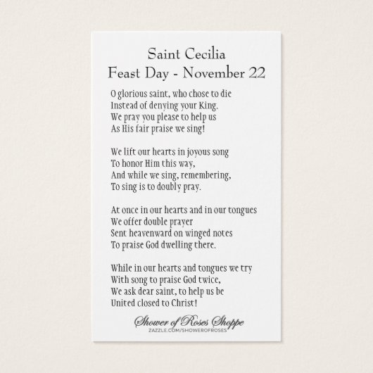 Sint-Cecilia Patroness van Musicians - Heilige Kaa Visitekaartje (Achterkant)