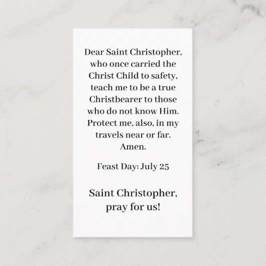 Sint Christopher  Gebed Kaart Contactkaartje (Achterkant)