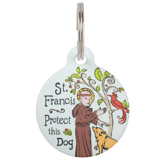 Sint-Francis van Assisi beschermt deze hond, label Huisdierpenning