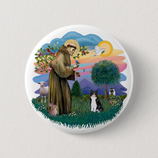 Sint Franciscus (ff) - Zwart-witte kat Ronde Button 5,7 Cm (Voorkant)