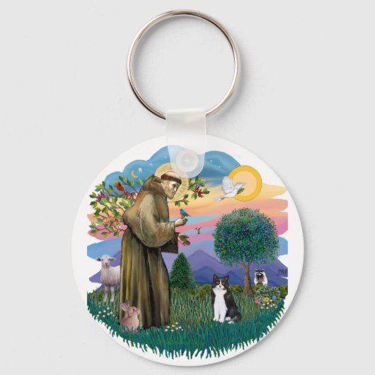 Sint Franciscus (ff) - Zwart-witte kat Sleutelhanger (Voorkant)