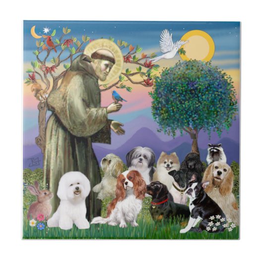 Sint Franciscus met 10 honden Tegeltje (Voorkant)