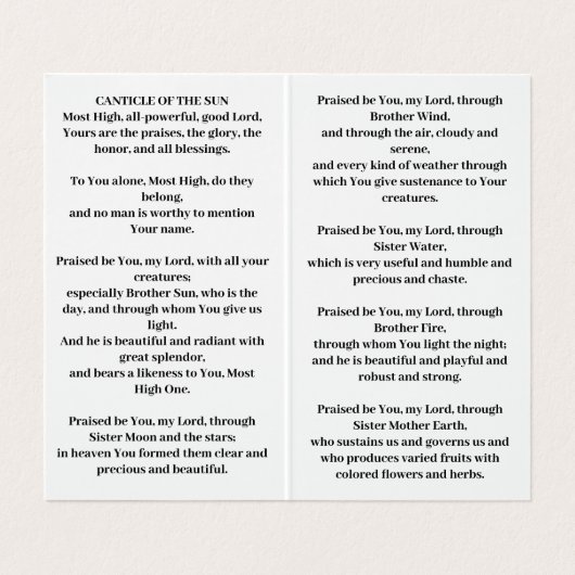 Sint Franciscus van de Zon Visitekaartje (Binnenkant ongevouwen)