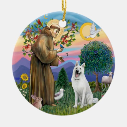 Sint Franciscus - Witte Duitse Herdershond Keramisch Ornament (Voorkant)