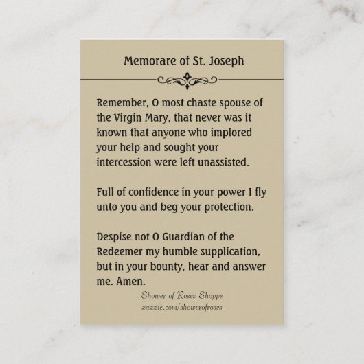 Sint-Joseph Child Jesus Memorare Heilige Kaart Visitekaartje (Achterkant)