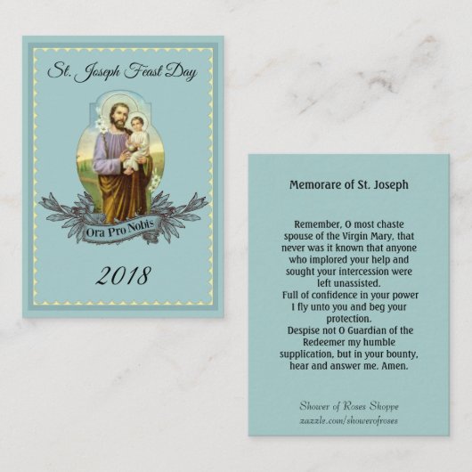 Sint-Joseph Feast Day Memorare Prayer Heilige Kaar Visitekaartje (Voorkant / Achterkant)