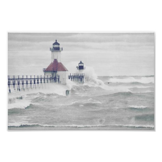 Sint-Joseph Lake Michigan Lighthouse Stormy Foto Afdruk (Voorkant)