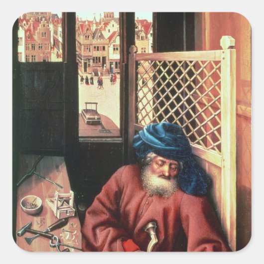Sint Joseph Portrayed als middeleeuwse timmerman Vierkante Sticker (Voorkant)