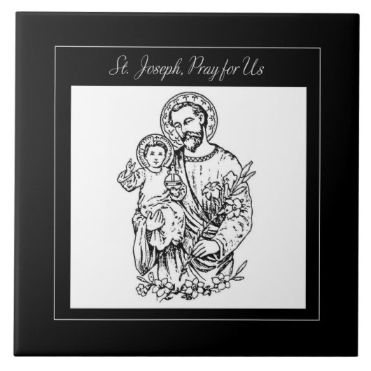 Sint Joseph Pray voor ons zwart, wit, katholiek Tegeltje (Voorkant)