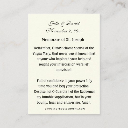 Sint-Joseph Wedding Favor Prayer Kaart Religieuze Visitekaartje (Achterkant)
