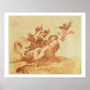 Sint-Jozef bewondert het Christus Kind (pen, inkt, Poster