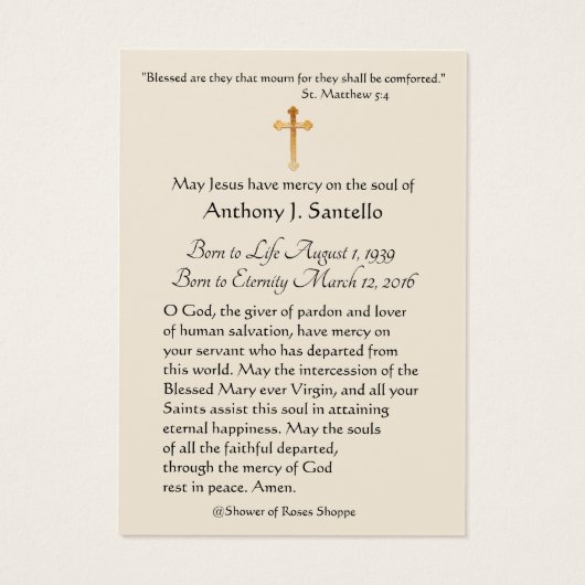 Sint-Jozef-katholieke begrafenisherdenkingsplechti Visitekaartje (Achterkant)