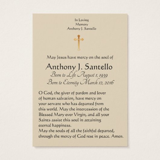 Sint-Jozef-katholieke begrafenisherdenkingsplechti Visitekaartje (Achterkant)