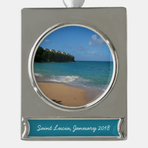 Sint Lucia Beach Tropisch Vacation Landscape Verzilverd Banner Ornament
